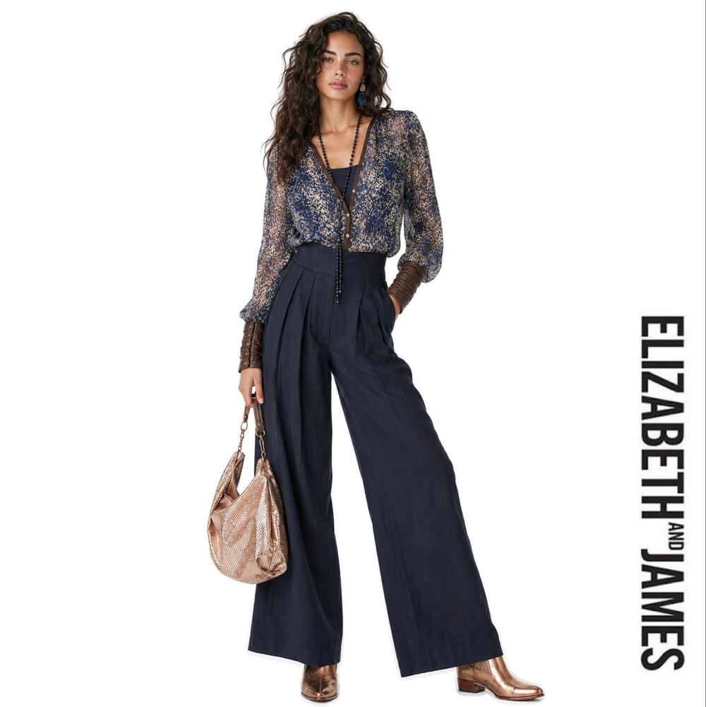 ELIZABETH & JAMES 2011 Runway Print | Chantal Silk & Leather Trim Blouse XS